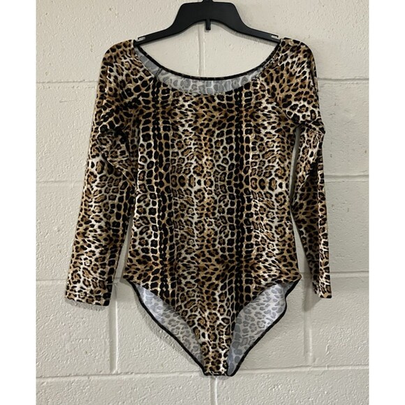 MANGOPOP Women’s L Brown Animal Print Bodysuit Long Sleeve Round Neck Top - Picture 1 of 7